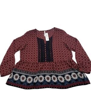 New NY COLLECTION Women's Blouse Size XL Long Sleeve Floral Boho Gauzy Peplum